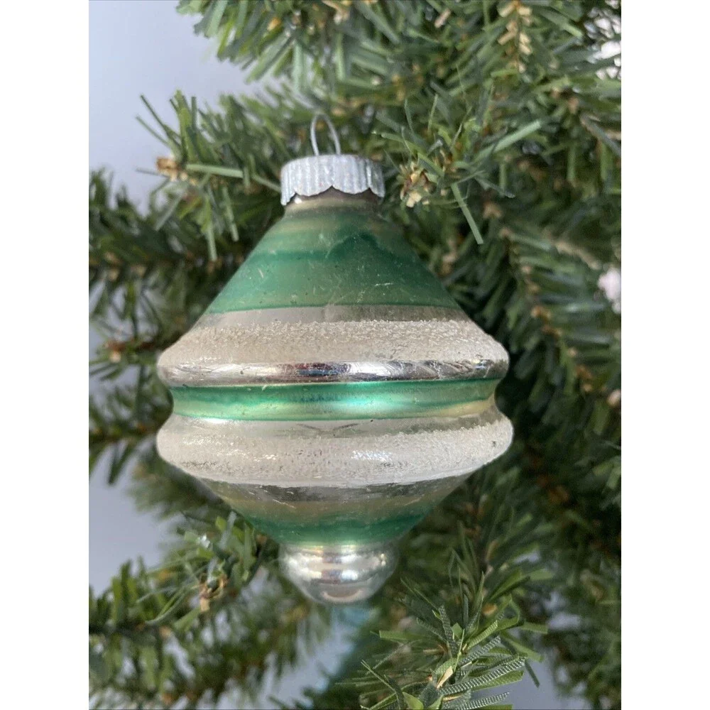 Vintage Christmas Shiny Brite Glass Ornament Mica Ringed UFT Tornado Striped